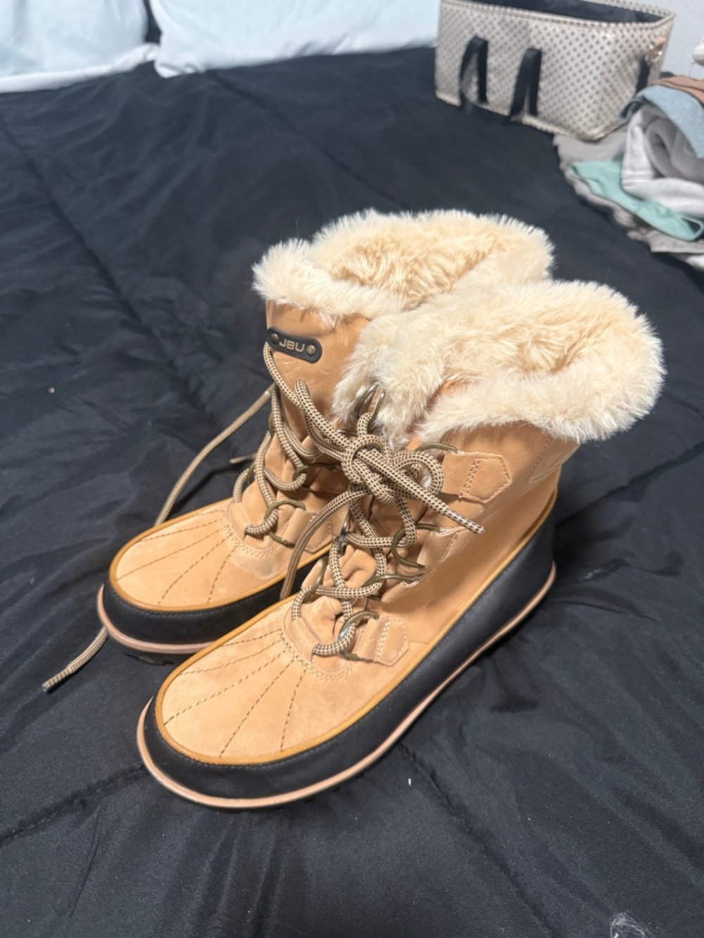 JBU Tan and Black Faux-Fur Winter Rain Boots